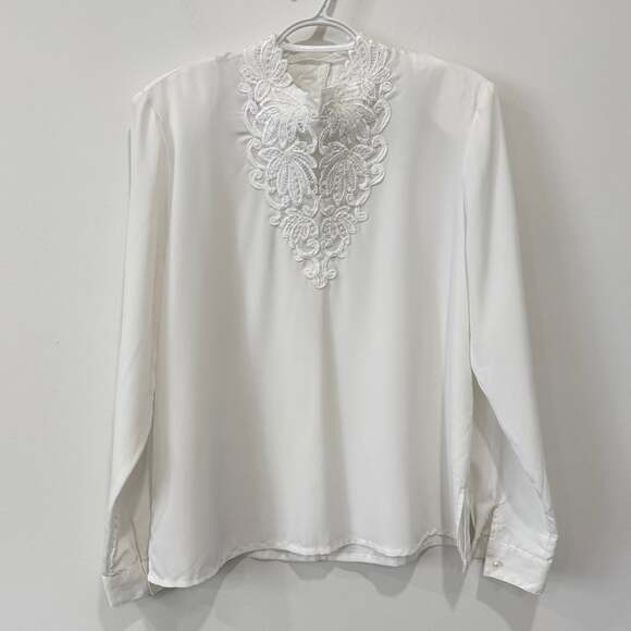 Kathy Che Tops - Kathy Che Vintage Pure White Blouse with High Neck and Elegant Lace Detail